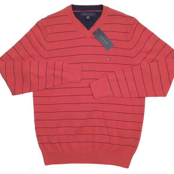 NEW Tommy Hilfiger Sweater! Pinkish Red Black Stripes V Neck Tommy Flag on Chest - Picture 1 of 1